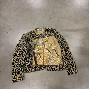 Vintage Bellepointe Giraffe Embroidered Cardigan Sweater Leopard Print Tan L